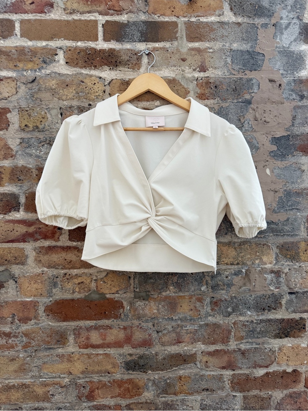 cinq a sept Cream Twist-Front Puff Sleeve Crop Top